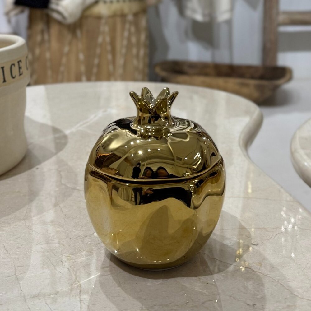 Gold Pomegranate Ceramic Jar Soy Candle – Elegant Holiday Gift & Jewelry Box